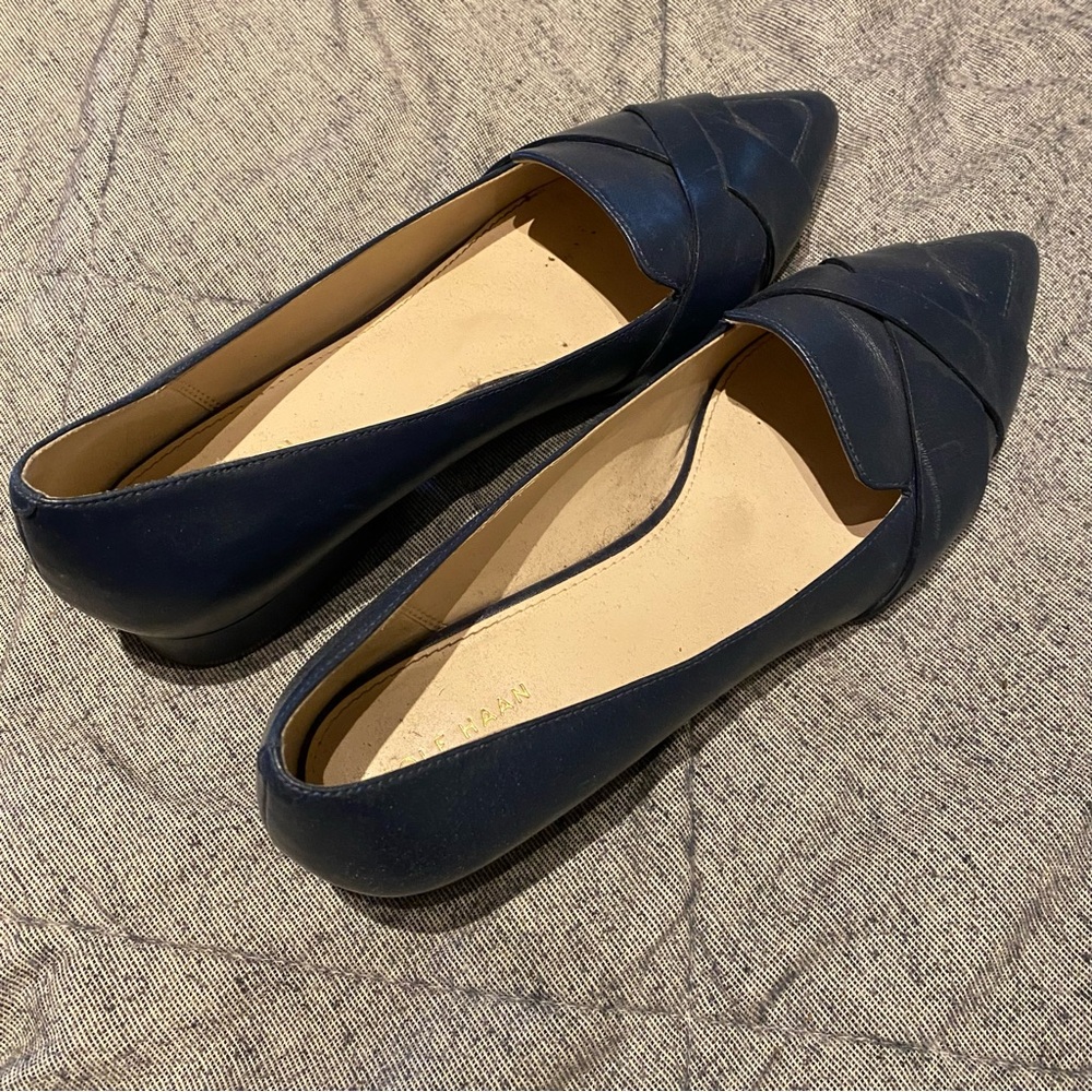 Cole Haan Navy Pointed-Toe Leather Flats